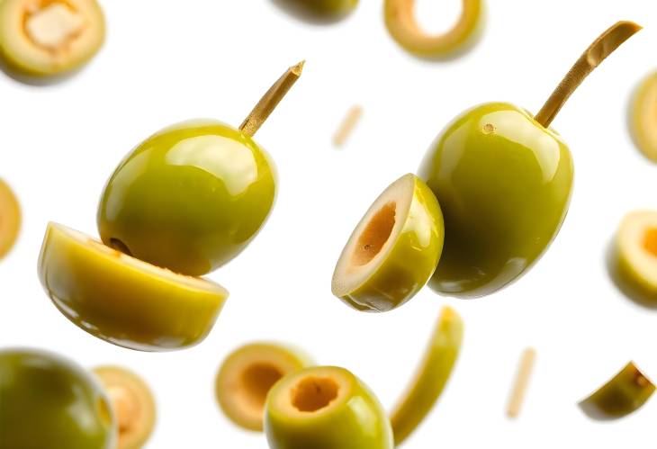 Close Up Green Olives and Slices in Flight